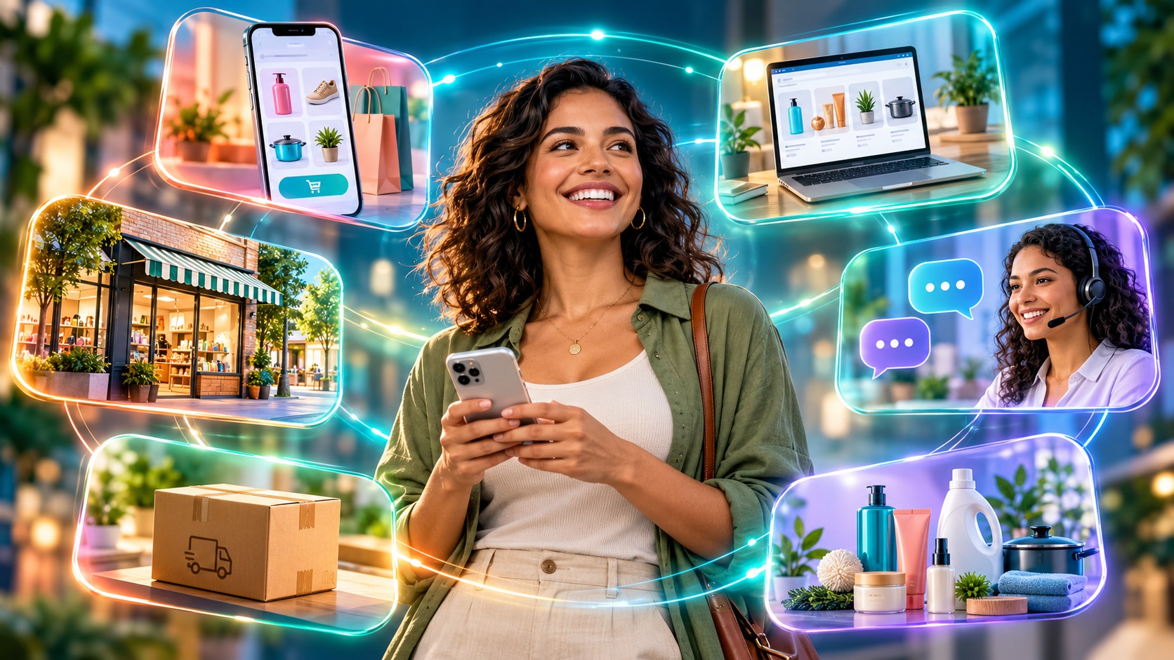 Consumidora ao centro conectada a loja física, aplicativo, e-commerce, atendimento, entrega e produtos